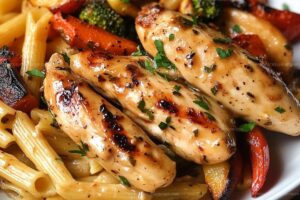 Honey Garlic Chicken With Roasted Veggie Penne Recipe