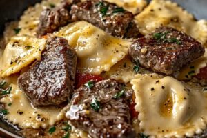 One-Skillet Garlic Butter Steak & Cheese Ravioli Recipe