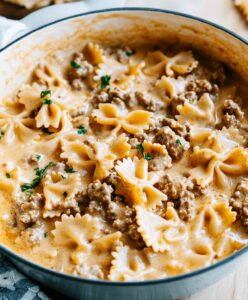 Cheesy Beef And Bowtie Pasta In Garlic Butter Recipe