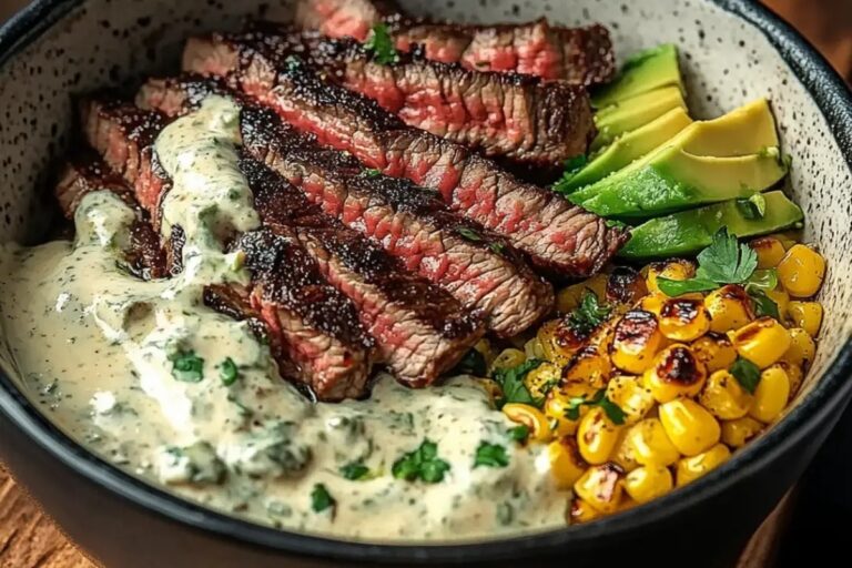 Steak, Avocado, And Roasted Corn Bowl With Cilantro Cream Sauce Recipe
