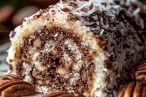 Decadent German Chocolate Coconut Pecan Roll Cake Recipe
