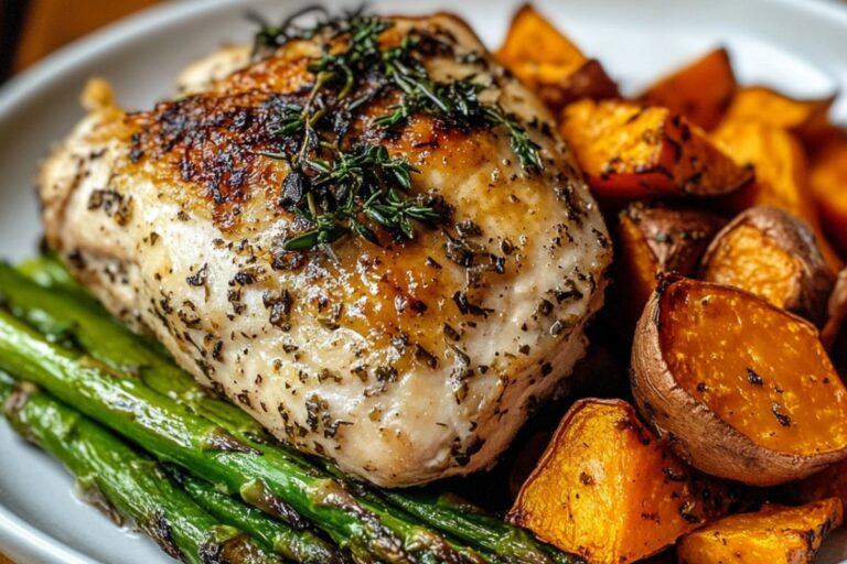 Garlic Herb Chicken With Roasted Sweet Potato & Asparagus Recipe