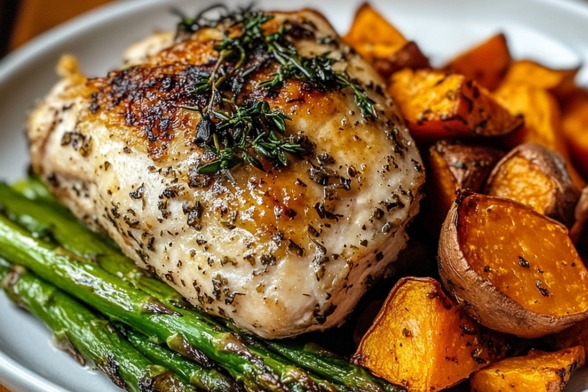 Garlic Herb Chicken With Roasted Sweet Potato & Asparagus Recipe
