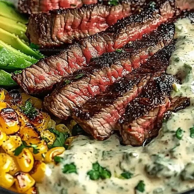 Steak, Avocado, and Roasted Corn Bowl with Cilantro Cream Sauce That Sings